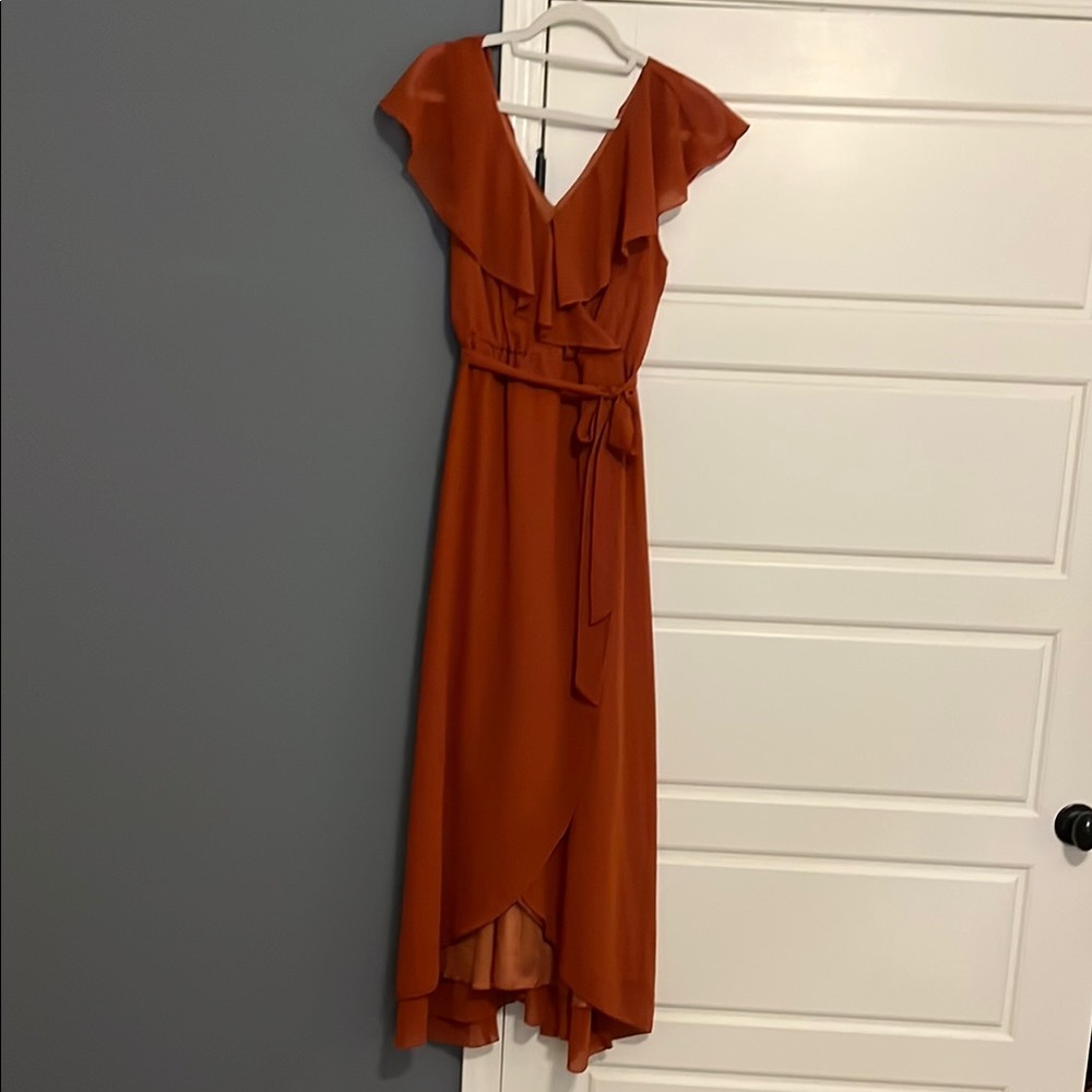 Women’s M Burnt Orange Flutter Sleeve Wrap Dress